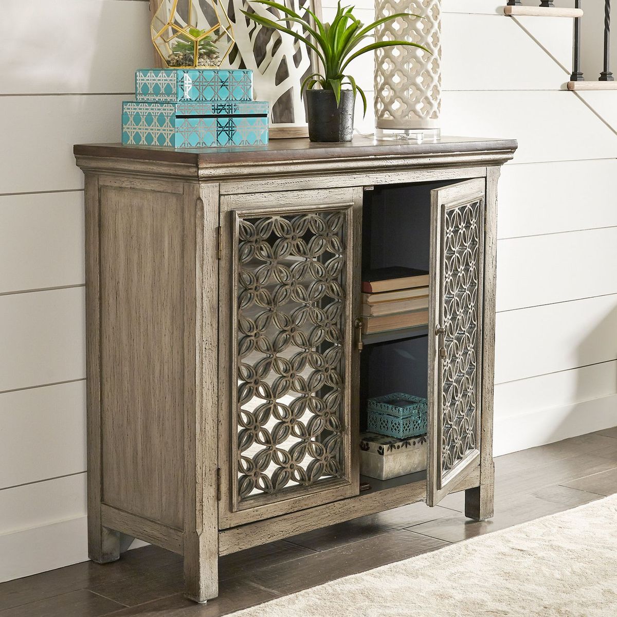 Liberty Furniture Westridge 2 Door Accent Cabinet in Wire Brushed Gray and White
