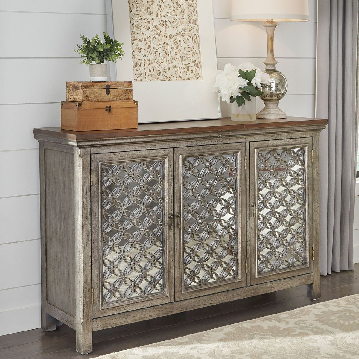 Liberty Furniture Westridge 3 Door Accent Cabinet in Wire Brushed Gray and White