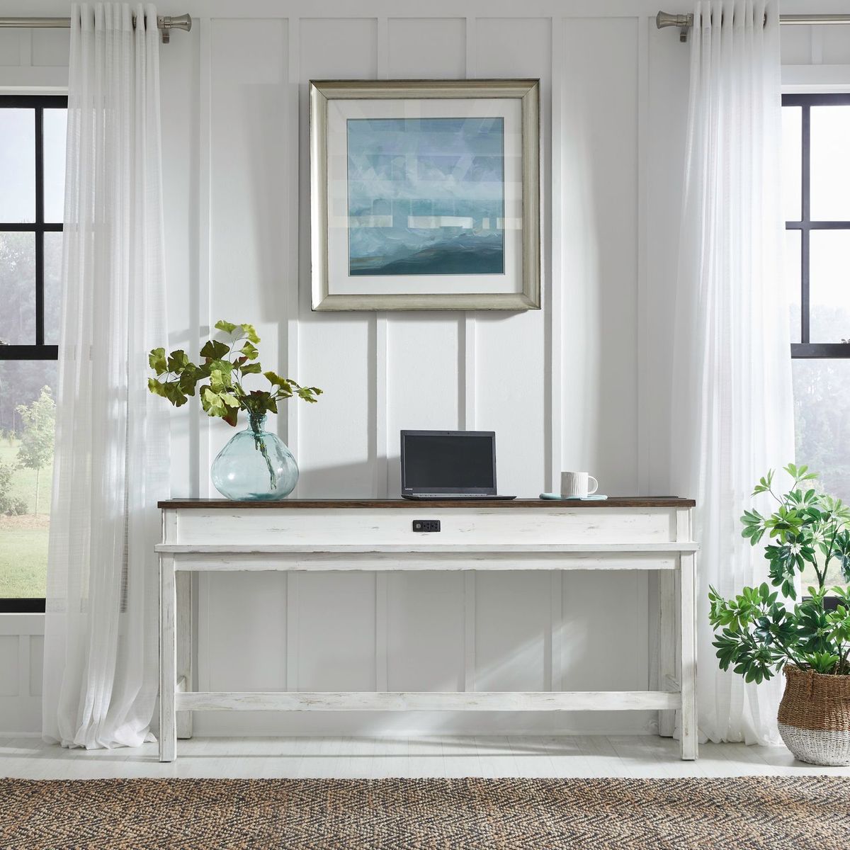 Liberty Furniture River Place Console Bar Table in Riverstone White & Tobacco