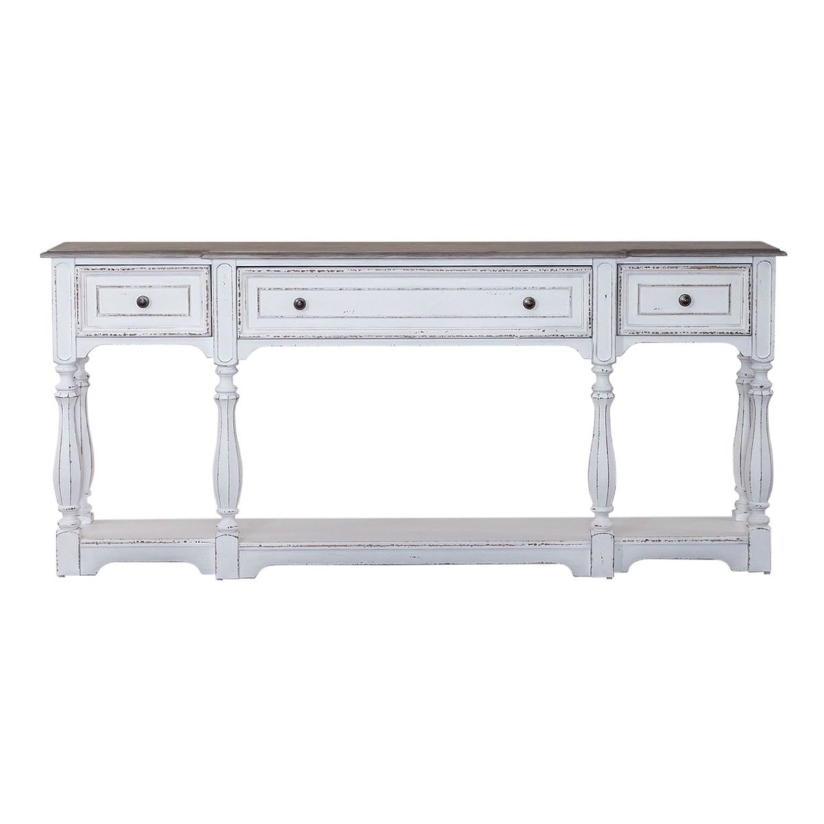 Liberty Furniture Magnolia Manor 72 Inch Hall Console Table in Antique White Base w/ Weathered Bark Tops image