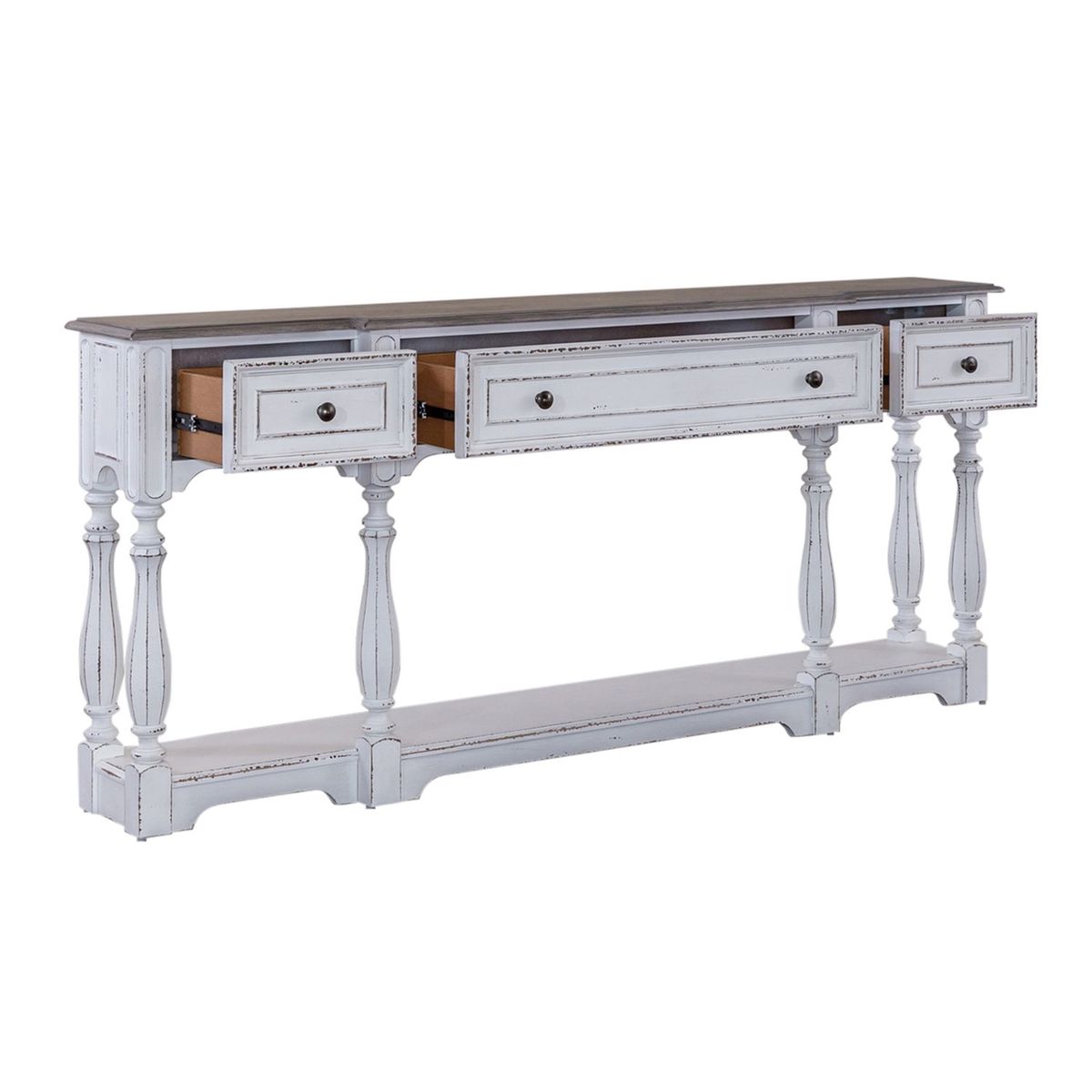 Liberty Furniture Magnolia Manor 72 Inch Hall Console Table in Antique White Base w/ Weathered Bark Tops