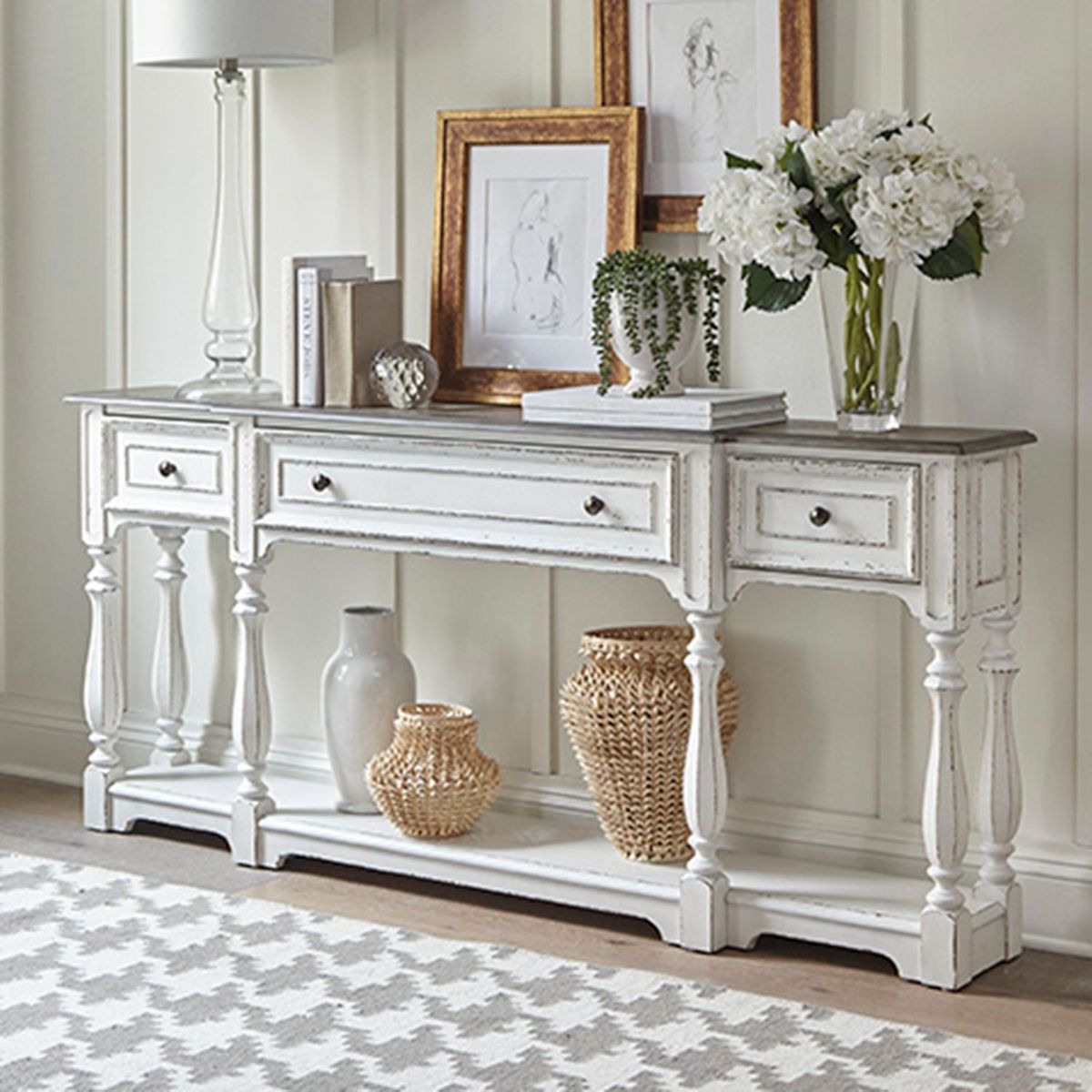 Liberty Furniture Magnolia Manor 72 Inch Hall Console Table in Antique White Base w/ Weathered Bark Tops
