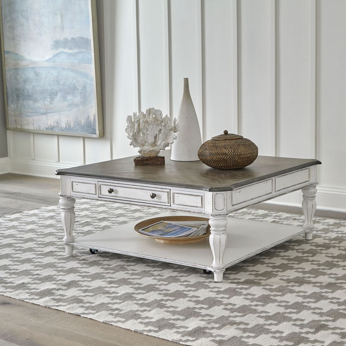 Liberty Magnolia Manor Oversized Square Cocktail Table in Antique White