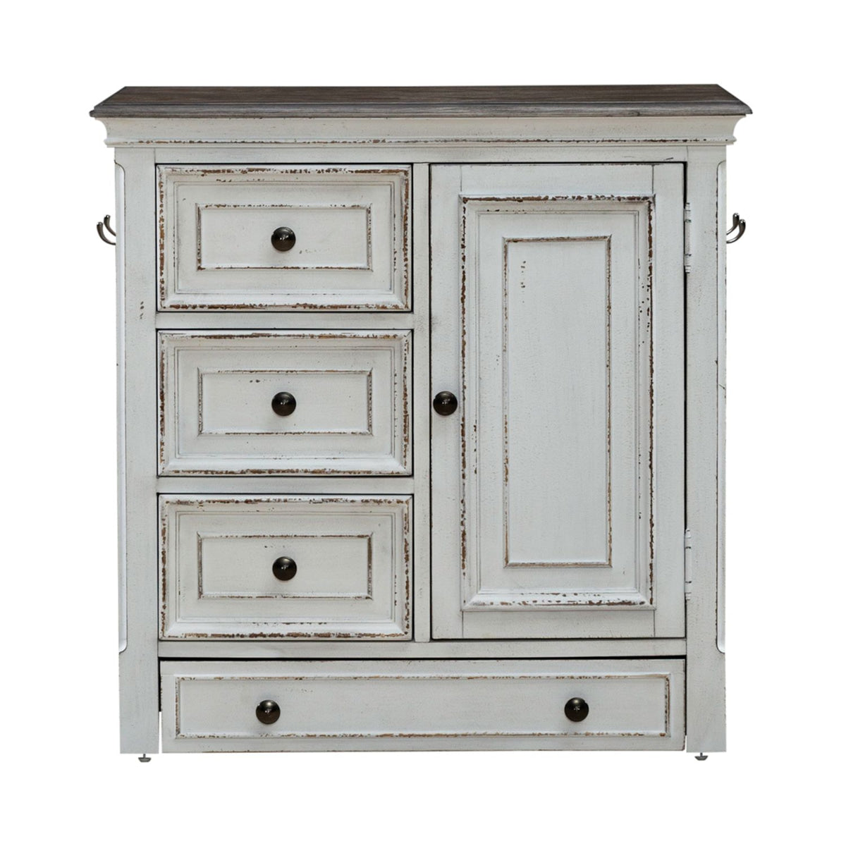 Liberty Furniture Magnolia Manor Pet Feeder Cabinet in Antique White & Weathered Bark EST SHIP TIME APPX 4 WEEKS
