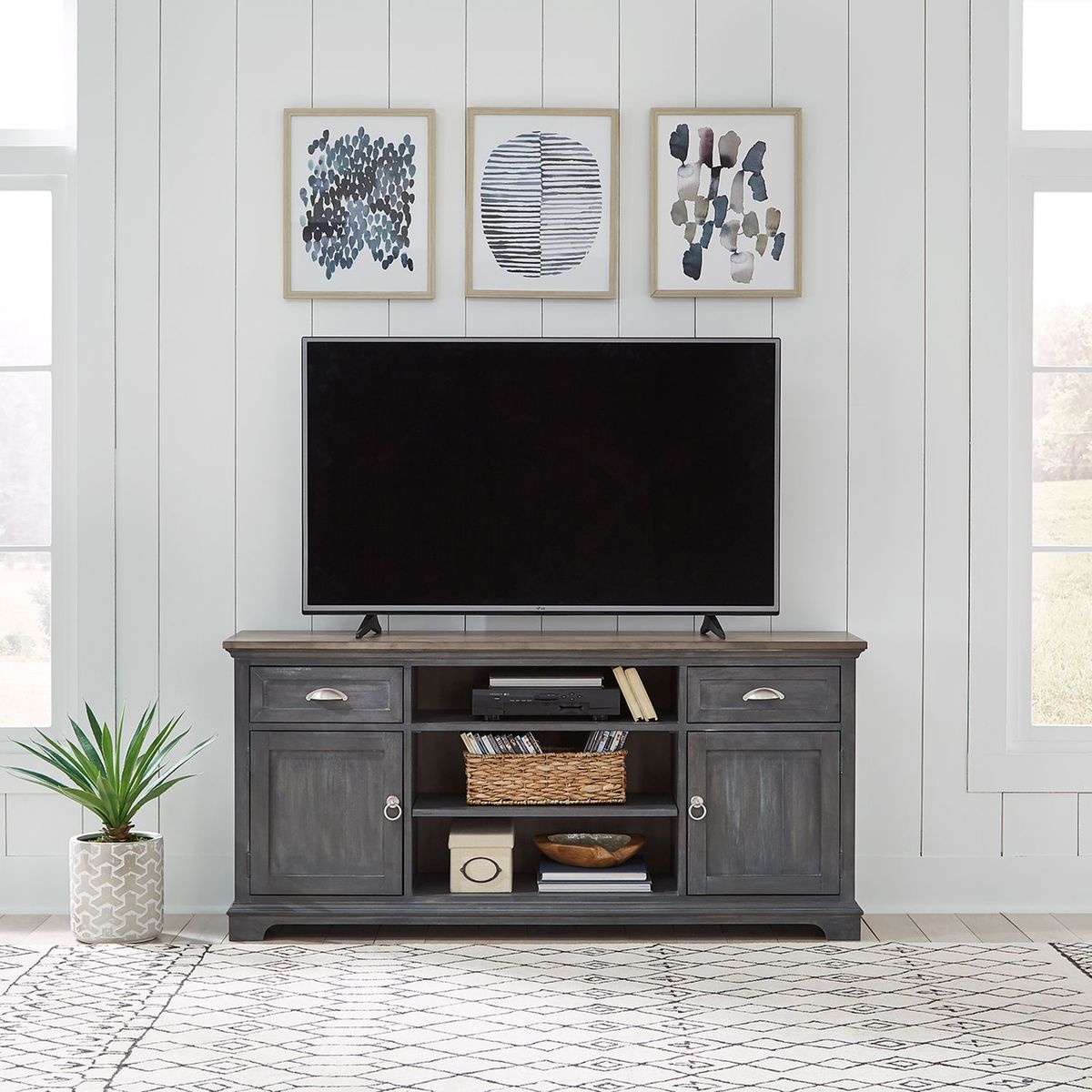 Liberty Furniture Ocean Isle 64 Inch Entertainment TV Stand in Slate with Weathered Pine image