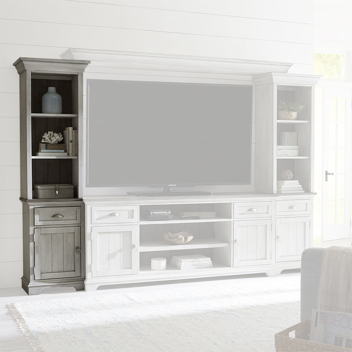 Liberty Furniture Ocean Isle Entertainment Center with Piers in Antique White with Weathered Pine 303W-ENTW-ECP