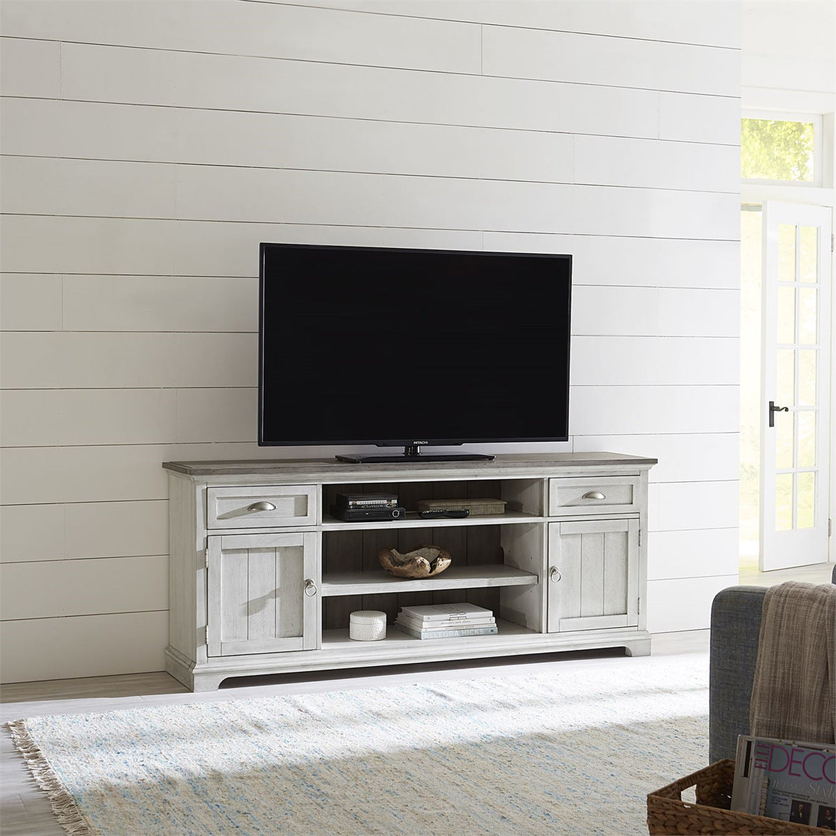 Liberty Furniture Ocean Isle Entertainment Center with Piers in Antique White with Weathered Pine 303W-ENTW-ECP