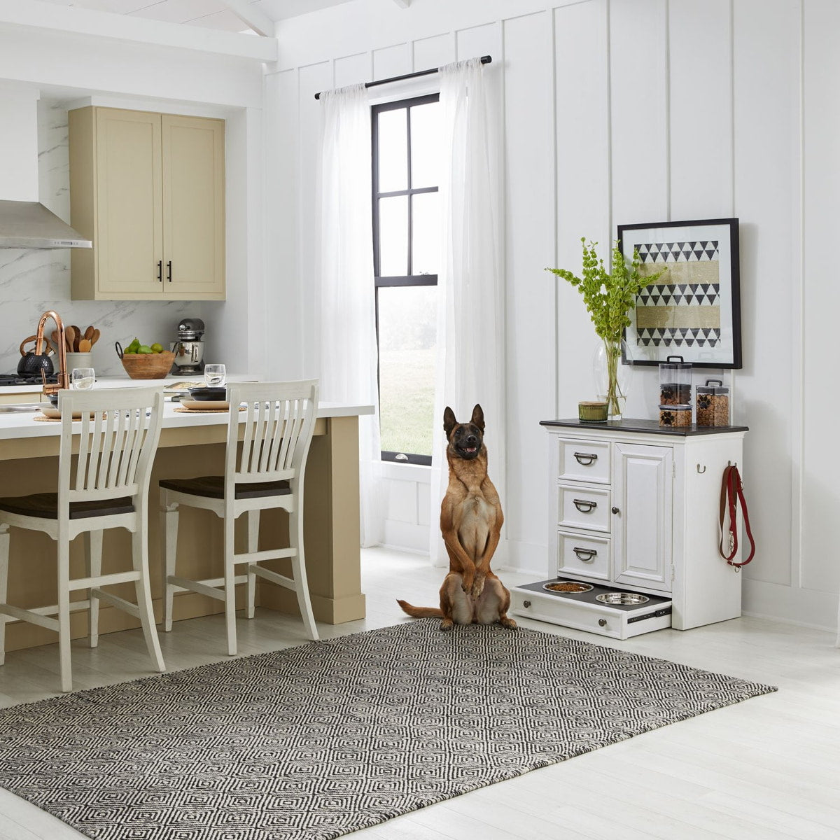 Liberty Furniture Allyson Park Pet Feeder in Wirebrushed White with Charcoal Top EST SHIP TIME APPX 4 WEEKS