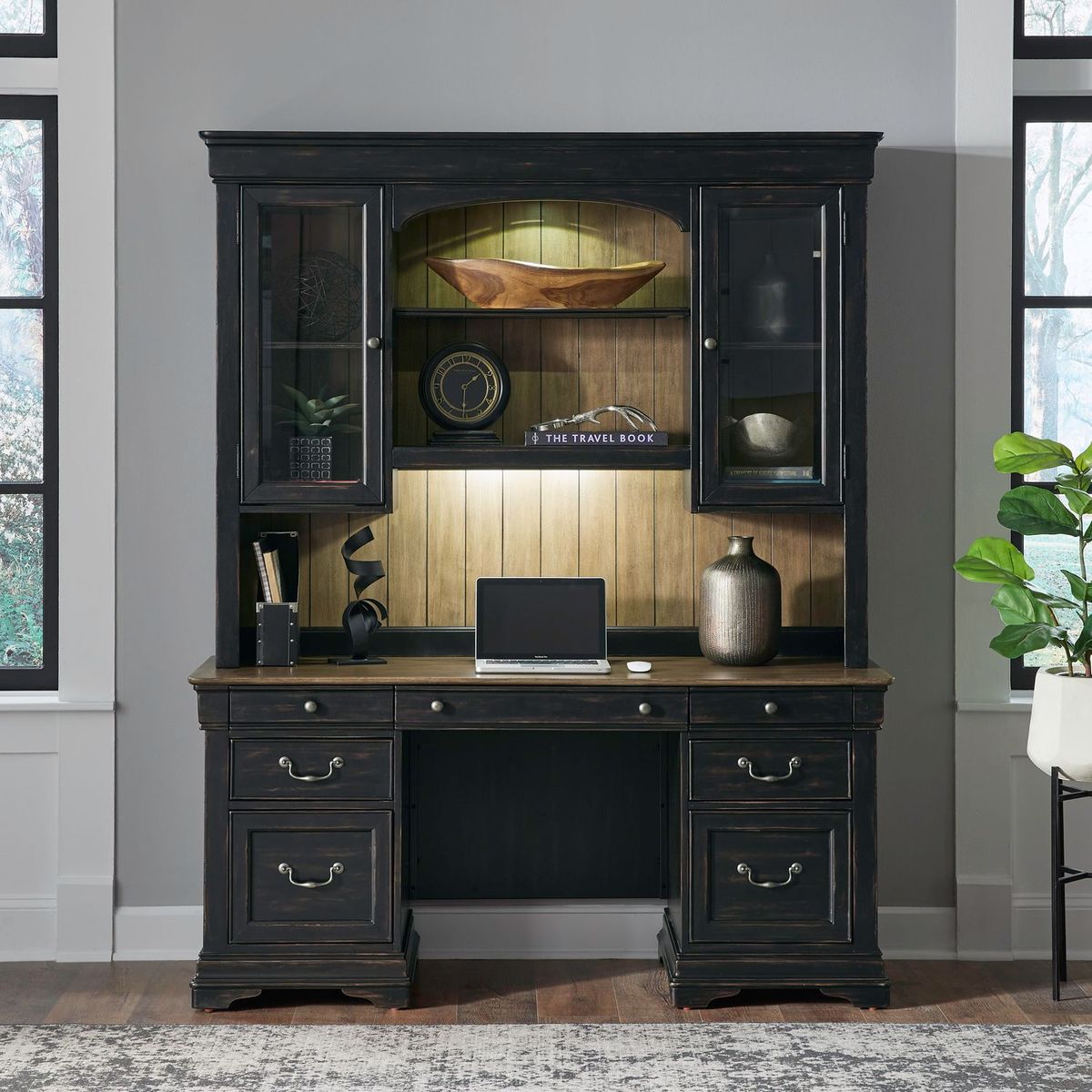 Liberty Furniture Meritage Credenza & Hutch in Aged Charcoal w/ Rub Thru/Caramel