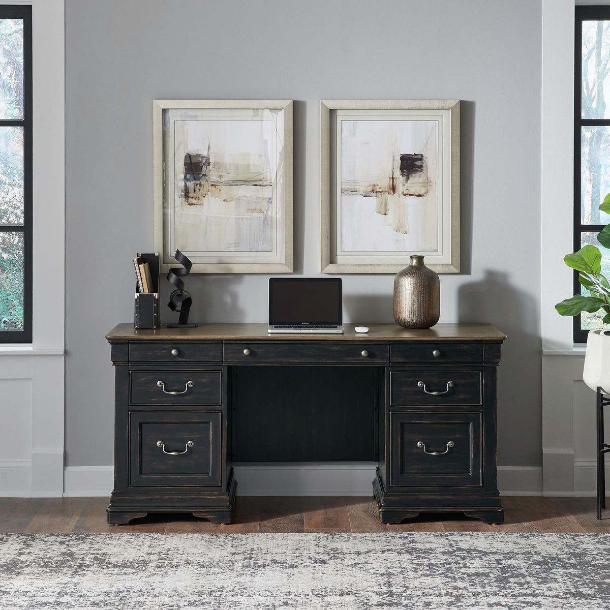 Liberty Furniture Meritage 5 Piece Junior Executive Set in Aged Charcoal w/ Rub Thru/Caramel