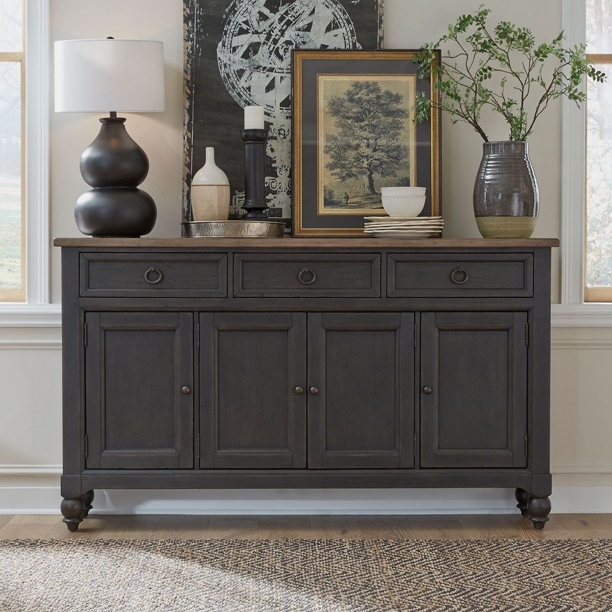 Liberty Furniture Americana Farmhouse Hall Buffet in Dusty Taupe & Black