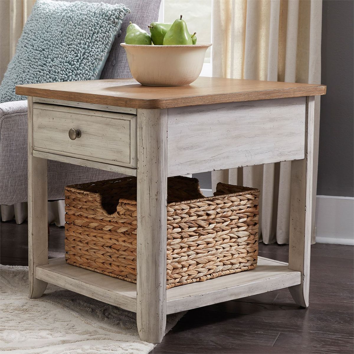 Liberty Farmhouse Reimagined End Table with Basket in Antique White