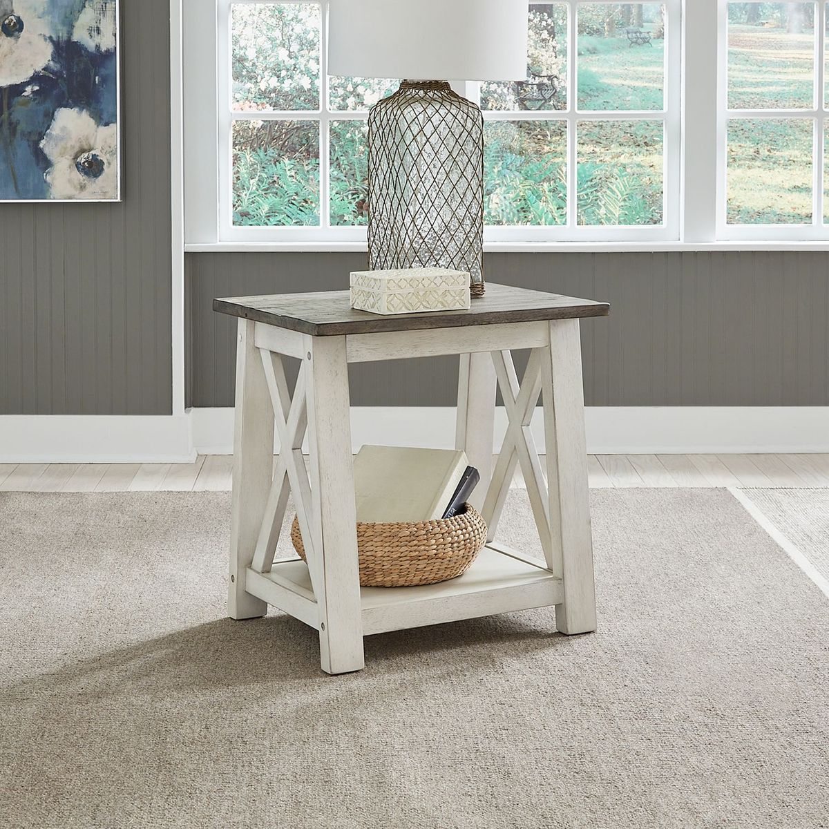 Liberty Furniture Laurel Bluff End Table in Antique White with Dusty Gray Top