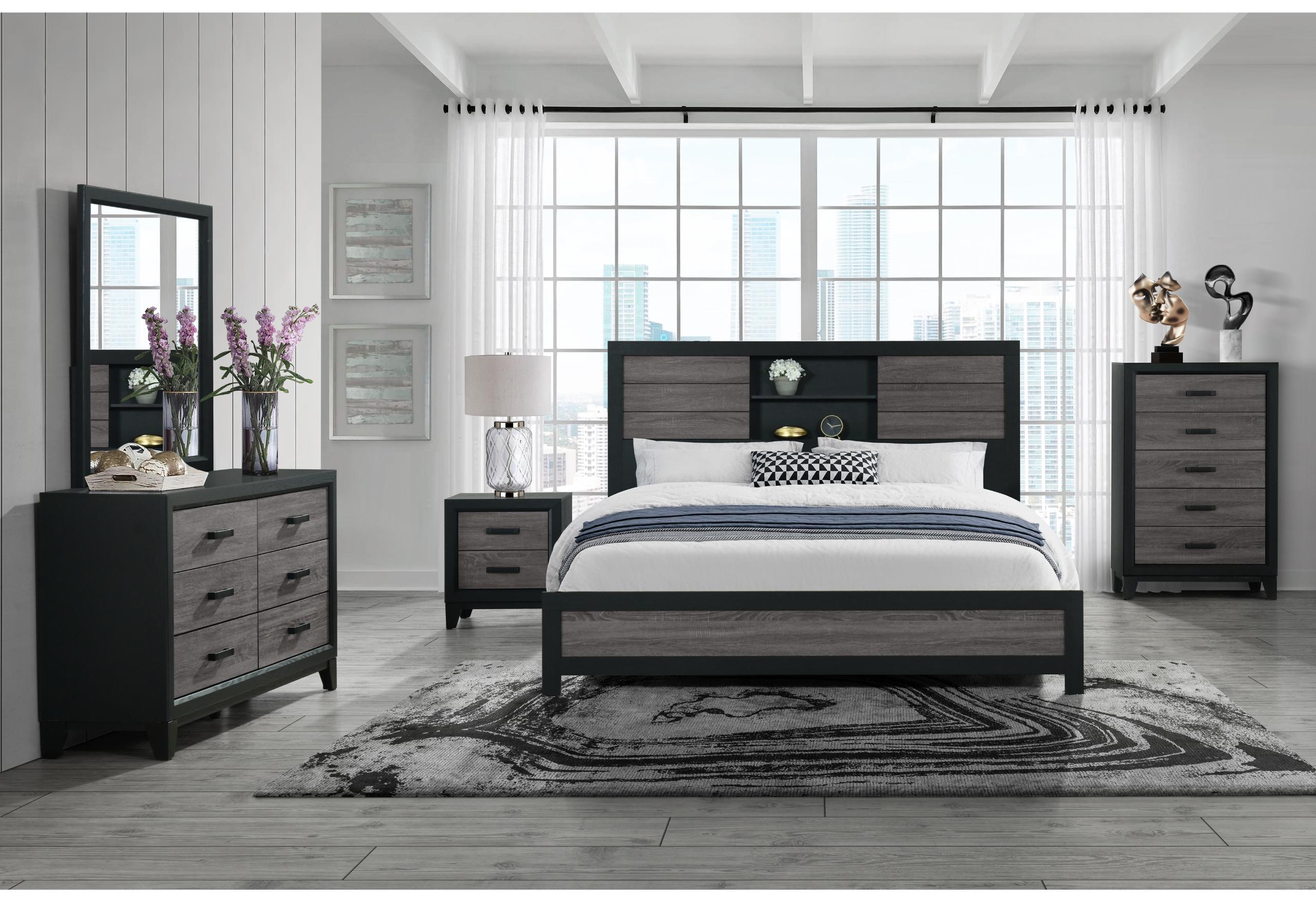 LISBON GREY/BLACK BOOKCASE KING BED GROUP