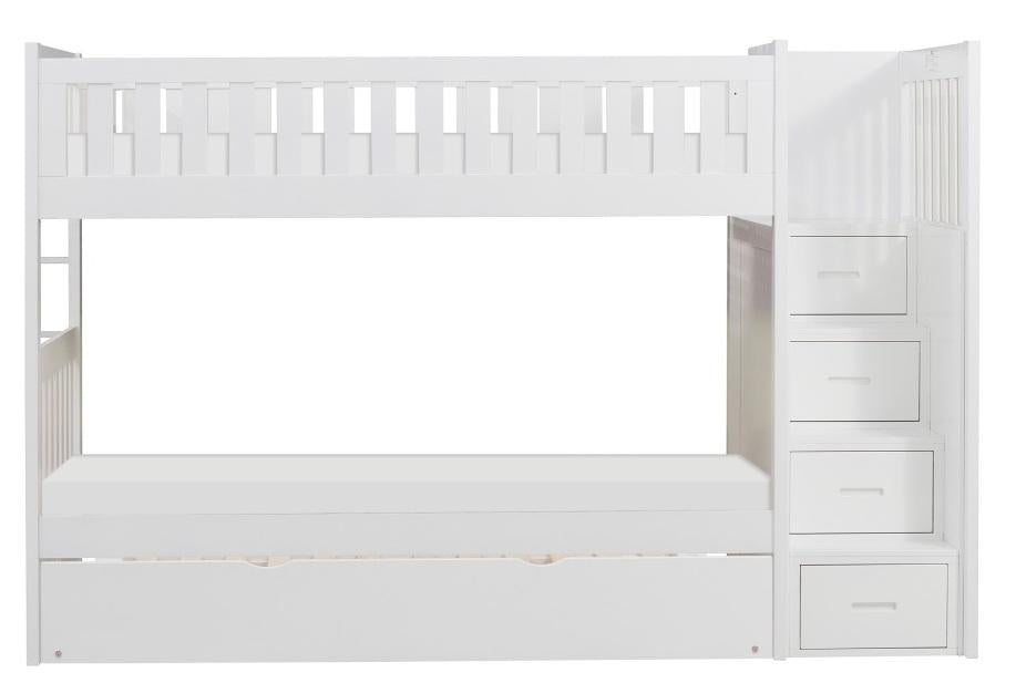 Galen Bunk Bed w/ Reversible Step Storage and Twin Trundle in White B2053SBW-1*R