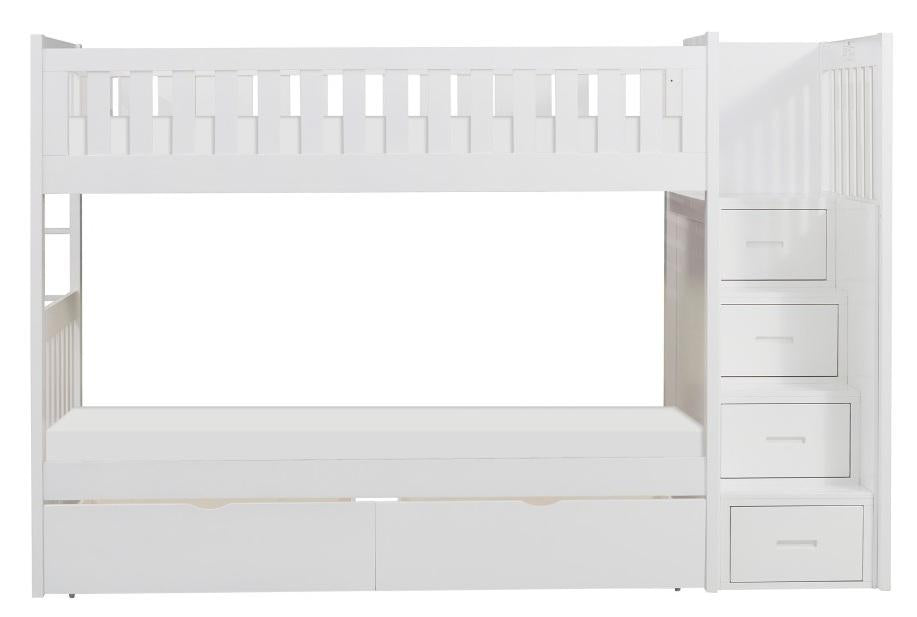 Galen Bunk Bed w/ Reversible Step Storage and Storage Boxes in White B2053SBW-1*T
