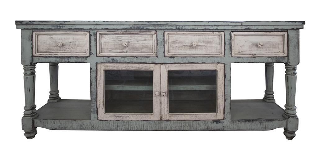 Aruba 70" TV Stand in Sky Blue Finish, w/4 white drawers and 2 white doors