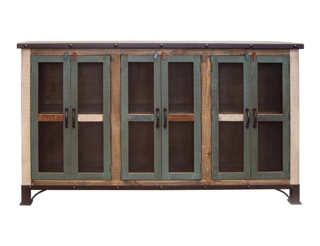 Antique Multicolor 71" Console w/6 Iron Mesh Door Panels and Middle Shelves