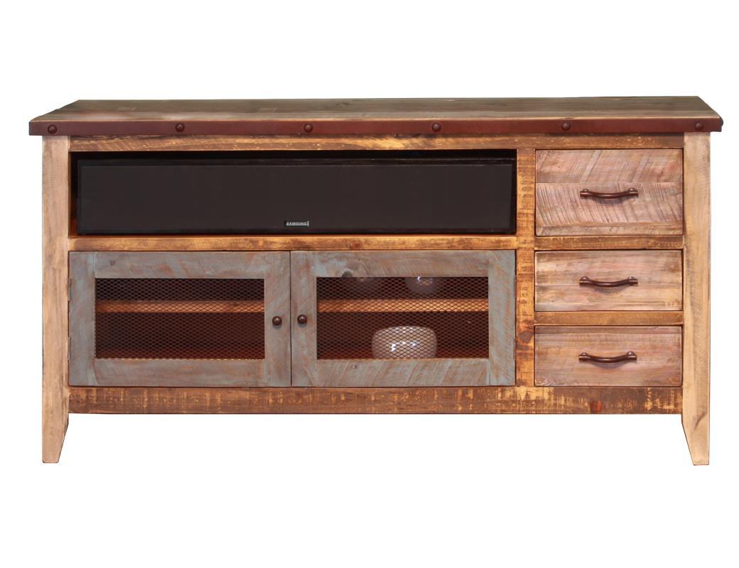 Antique Multicolor 62"TV Stand w/3 drawers and2 iron mesh doors