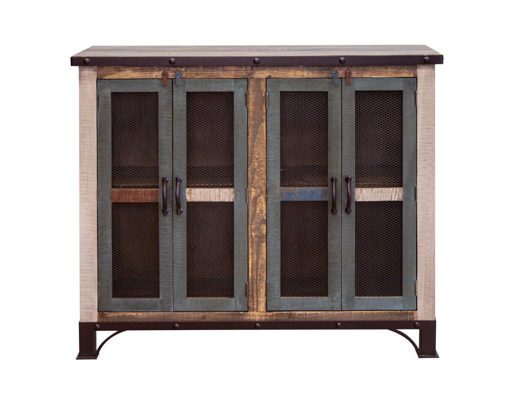 Antique Multicolor 48" Console w/4 Iron Mesh Door Panels and Middle Shelf