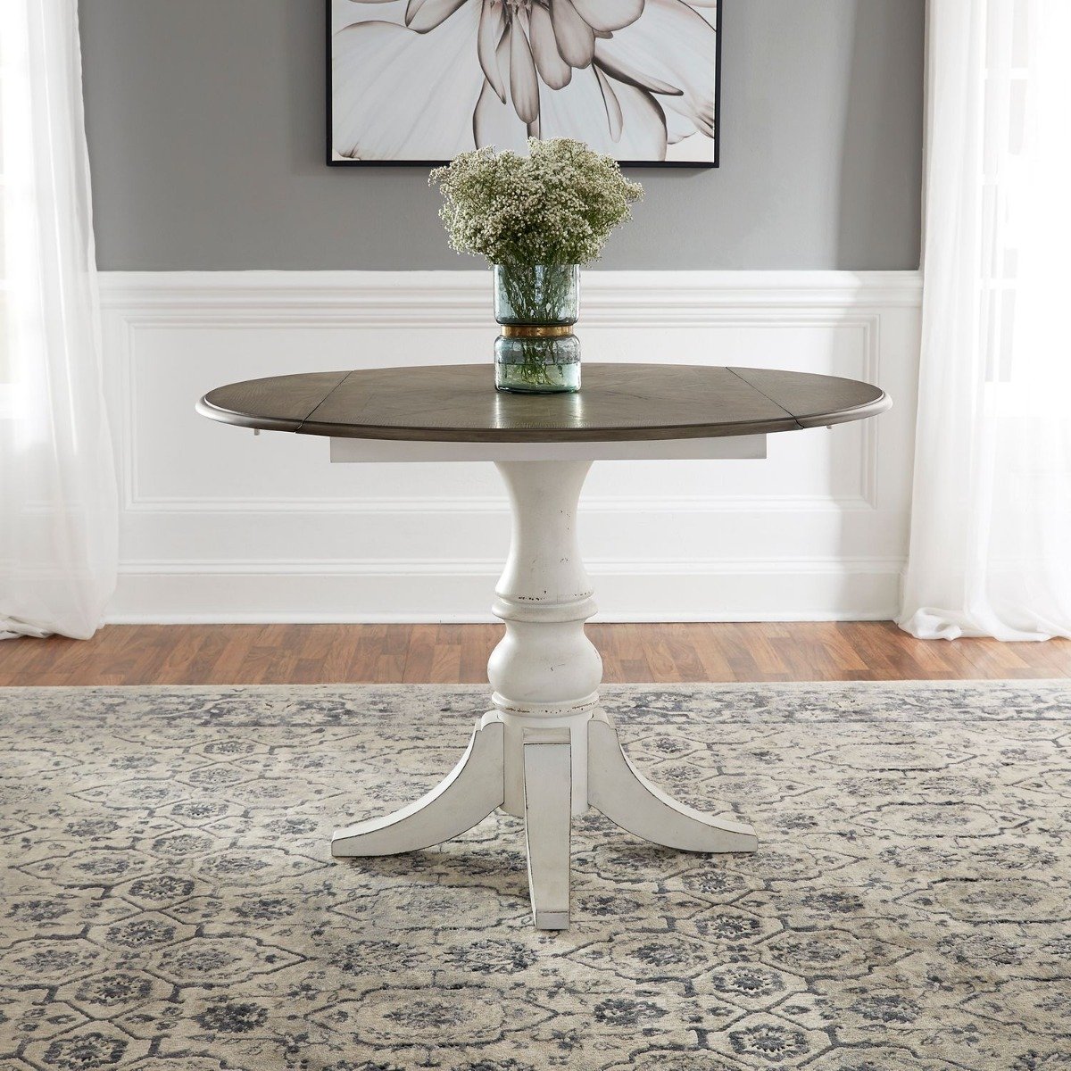 Liberty Furniture Magnolia Manor Drop Leaf Table in Antique White Base w/ Weathered Bark Tops