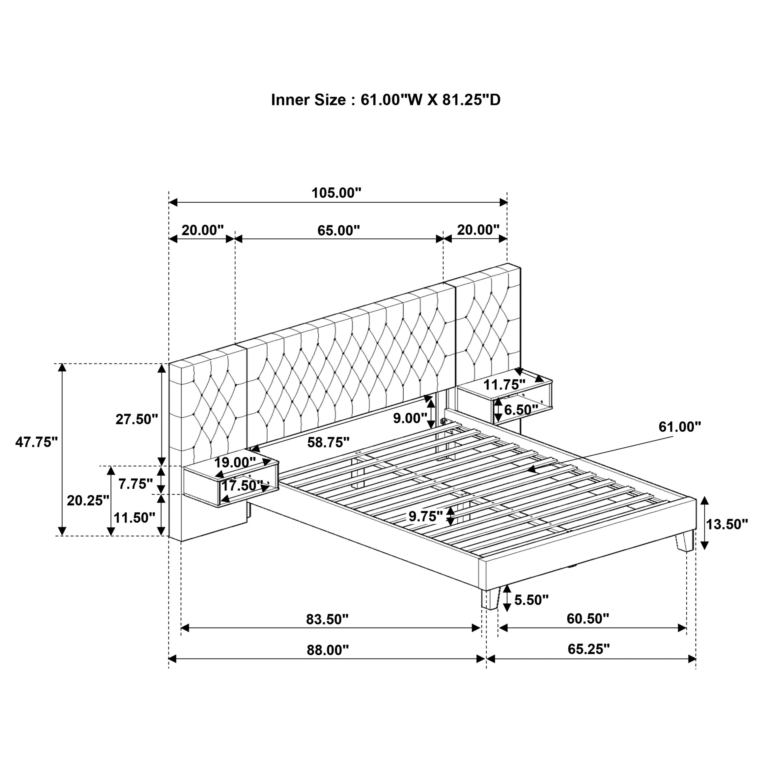 Marley Wall Panel Platform Bed with Attached Nightstands