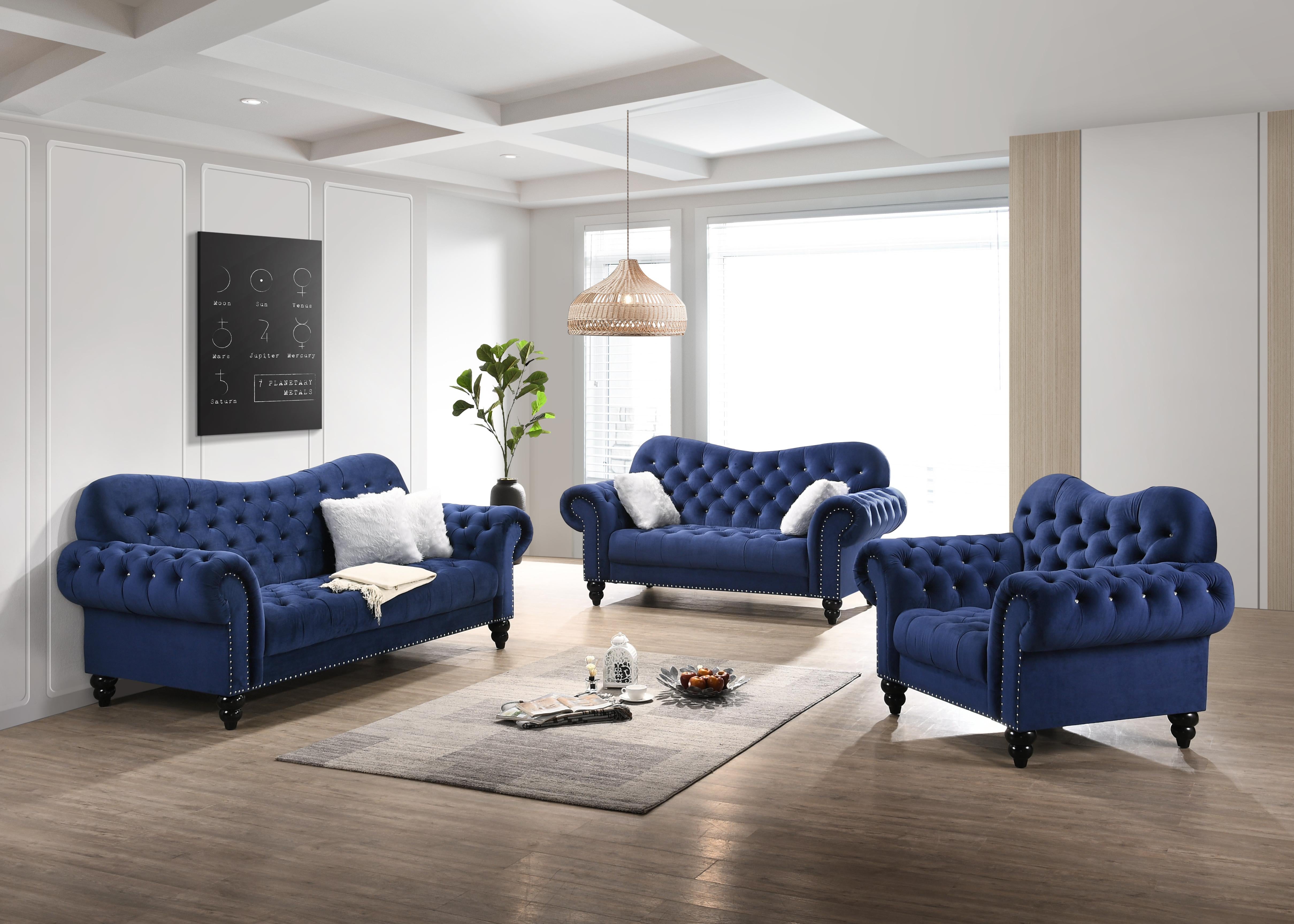 Gracie Transitional Style Blue Sofa with Espresso Legs