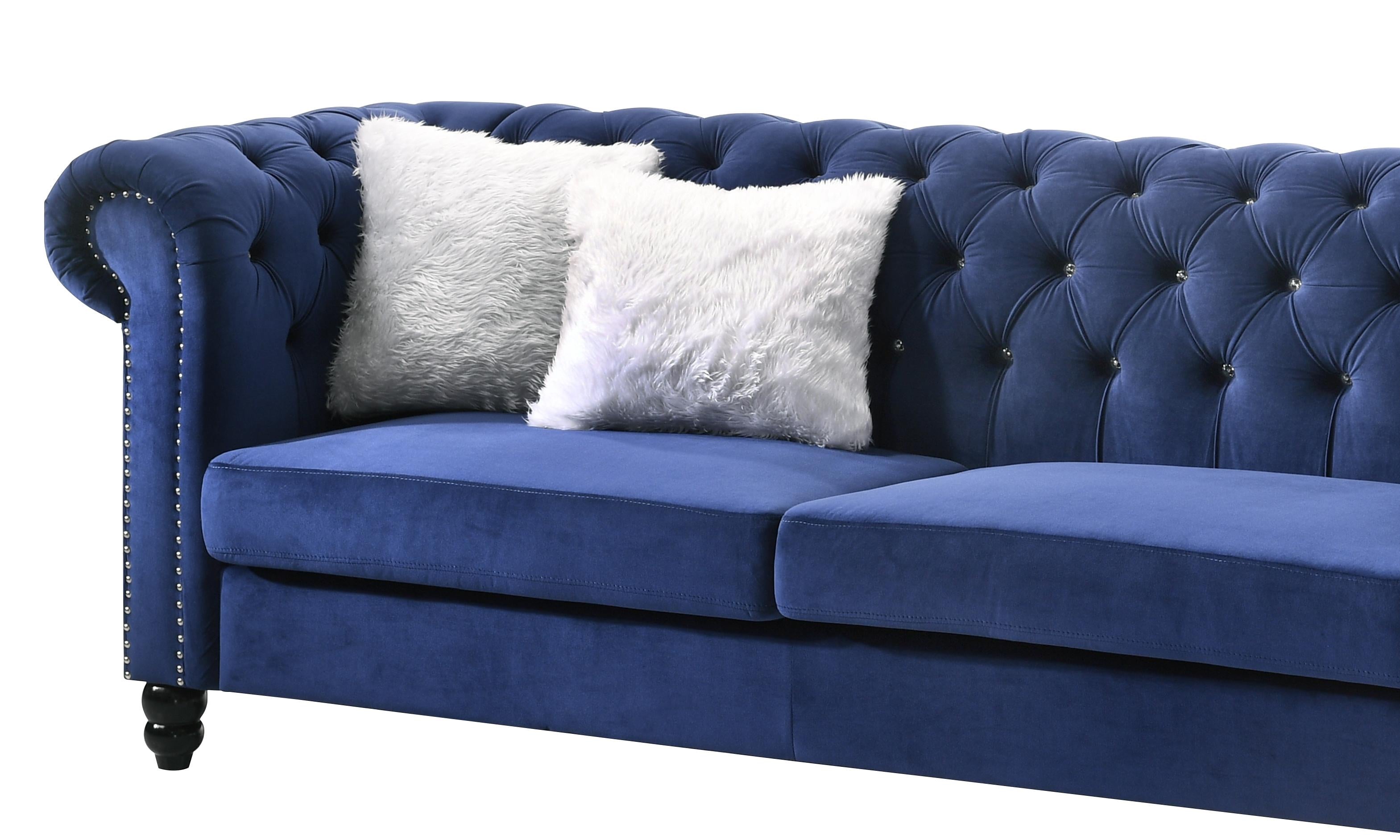 Maya Transitional Style Navy Sofa with Espresso Legs