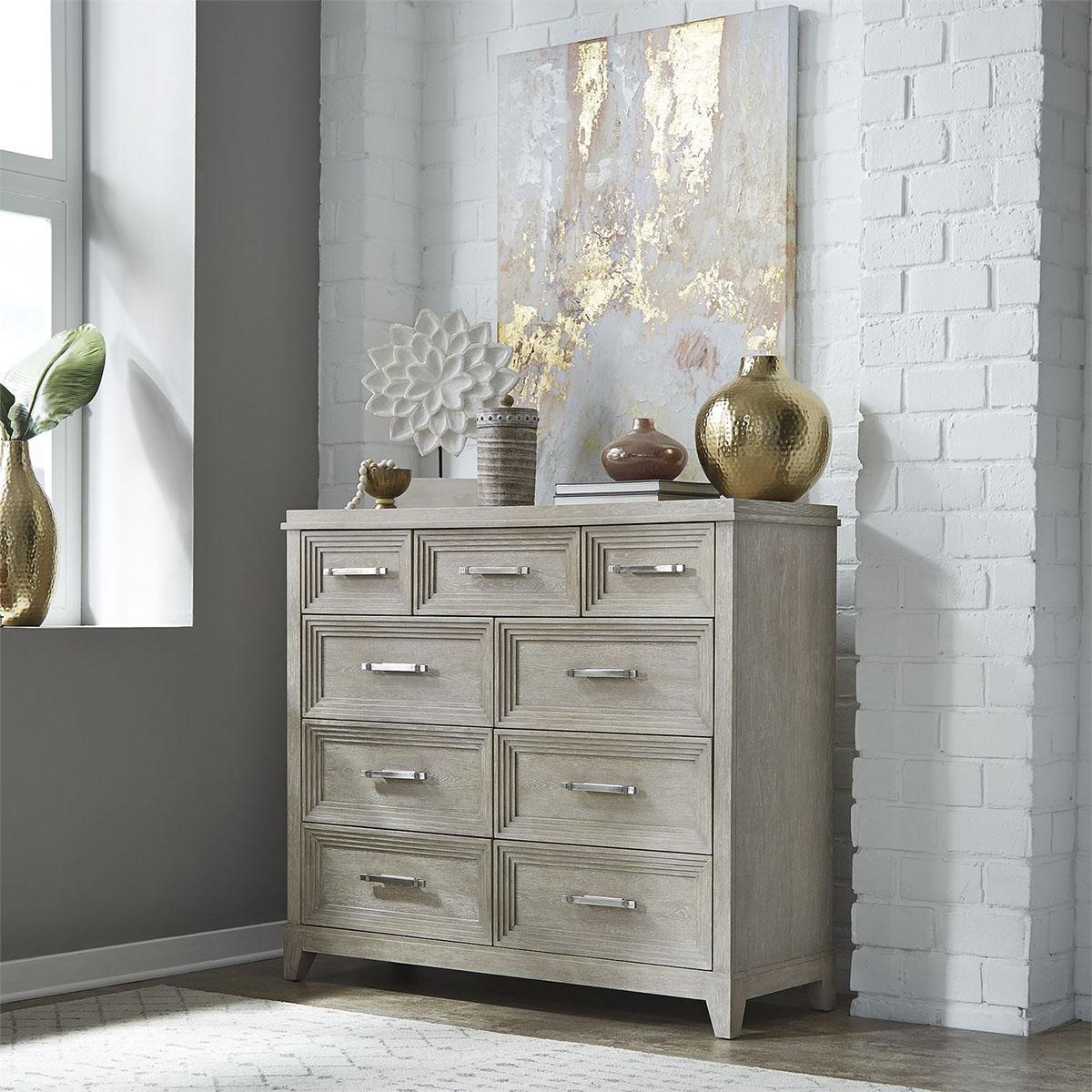 Liberty Furniture Belmar 9 Drawer Bureau Dresser in Washed Taupe and Silver Champagne image