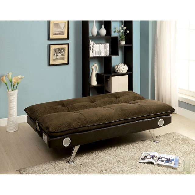 GALLAGHER Dark Brown/Chrome Futon Sofa w/ Bluetooth Speaker, Brown